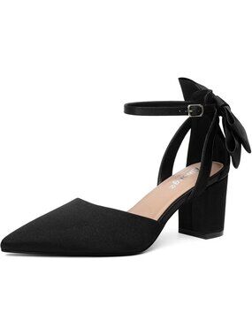 Women's Black Satin Closed Toe Buckle Comfortable Slip On Pumps Low Heels